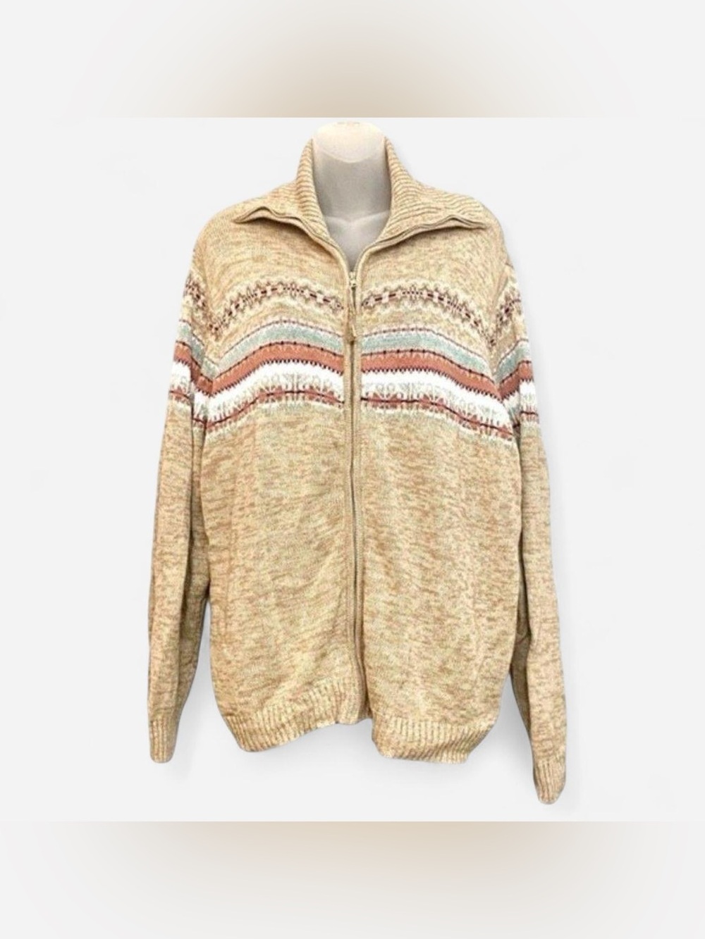 Tiara Women 3X Fair Isle Full Zip Cardigan Sweater Beige Cotton Ramie